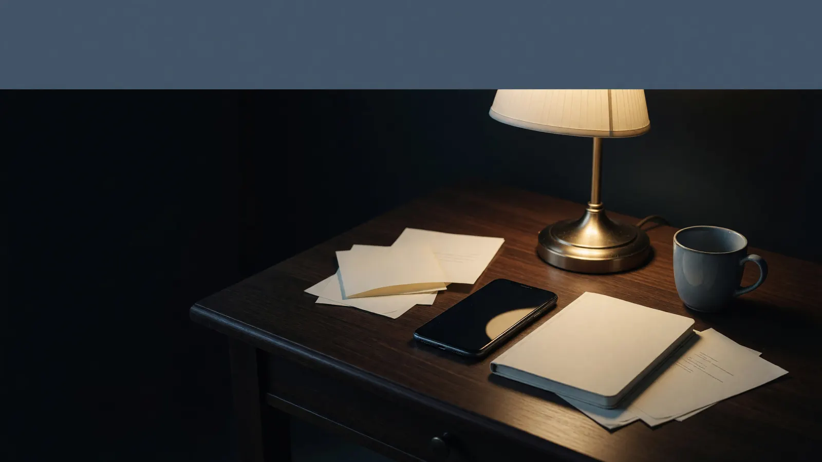 Morning desk, lamp on