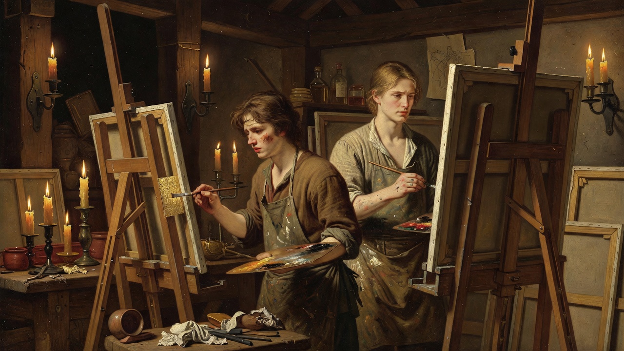 Two apprentice painters at their easels by candlelight