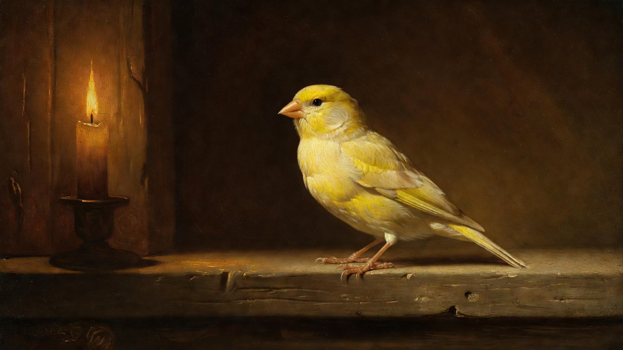 A luminous yellow canary beside a candle