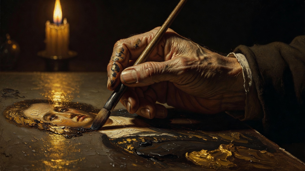 The master's aged hand adding the finishing stroke to a portrait