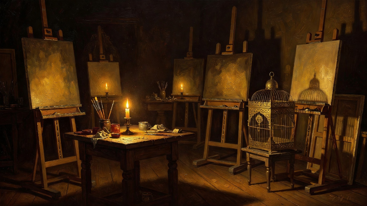 A candlelit master's atelier — easels, a painter's table, and a gilded birdcage in warm chiaroscuro